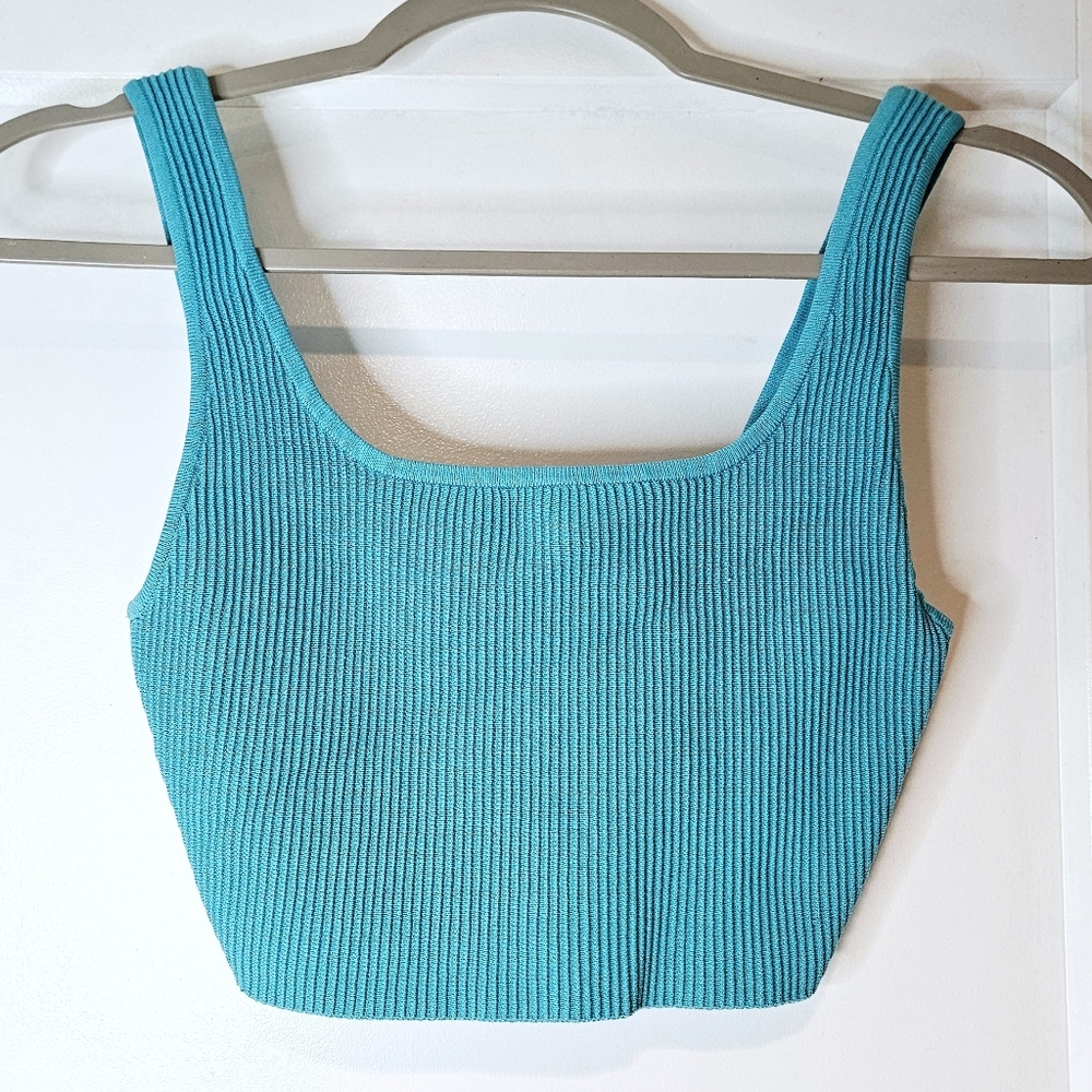 Babaton Ribbed Crop Tank Teal Square Neck Fitted Knit Top Small